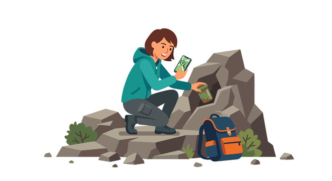 Female adventurer finding hidden geocache container in rocks using smartphone navigation flat vector illustration
