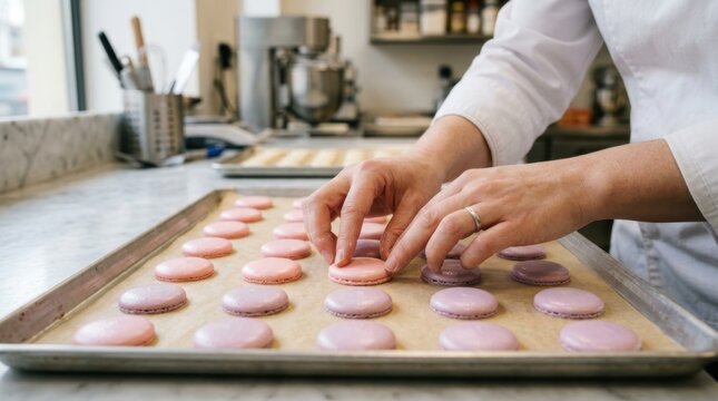 Chef hands arranging pink and purple macaron shells on a baking tray