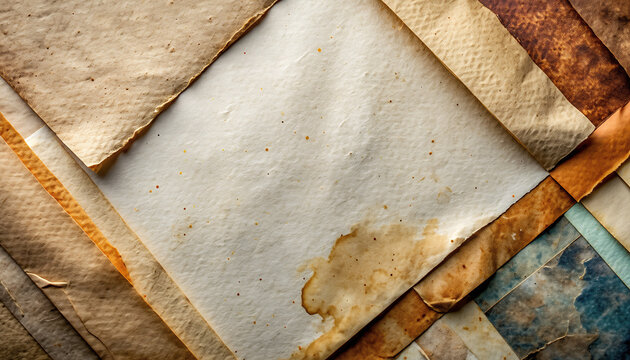 Artful composition of antique paper textures displaying rich, warm hues and elegant faded imperfections, perfect for vintage-themed backgrounds and designs