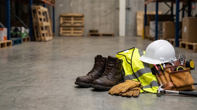 Construction workwear kit with tools and safety gear on warehouse floor with floor including hard work boots gloves hat safety vest tool belt protection equipment , Labour Day