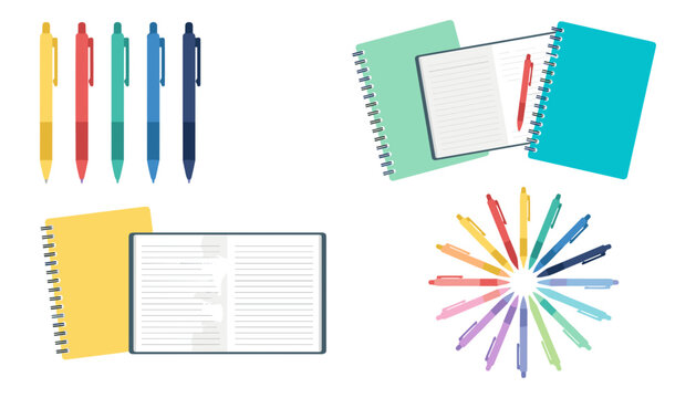 Stationery office supplies vector illustration set featuring colorful spiral notebooks open planners notebooks and pens arranged in a circular pattern design