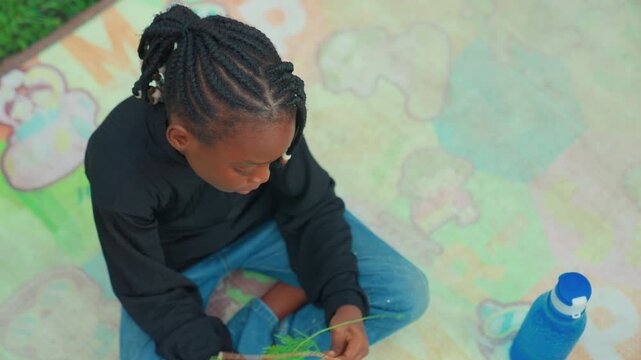 Black child sitting on blanket examining green plant, braided hair, water bottle nearby, concentrated hands, picnic blanket pattern, sunlight, solo learning, nature study, mindful play