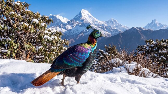 Himalayan monal pheasant stands on a snow-covered ridge with mountains in the background.