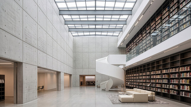 Modern library interior with spiral staircase and concrete walls