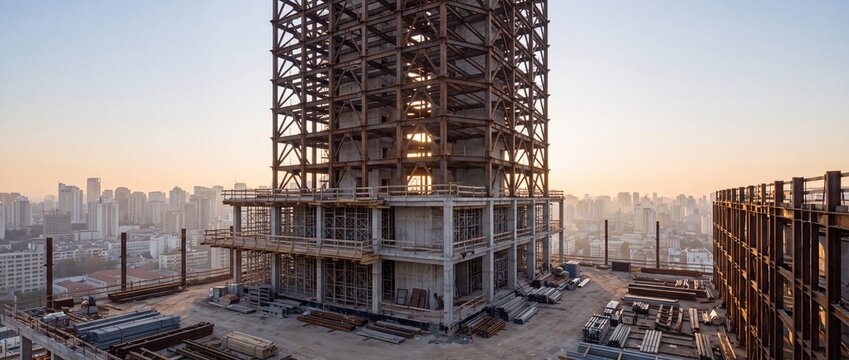 High rise building under construction at sunset with construction cityscape background architecture development skyscraper metropolis framework concrete with evening , Labour Day