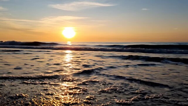 Golden Sea Sunrise with Splashing Ocean Waves on Sandy Beach, Tropical Coastline Landscape, 4K Slow Motion Video