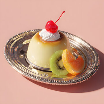 銀皿に盛り付けられたさくらんぼと生クリームがのったレトロなカスタードプリン デザート プリンアラモード キウイ オレンジ 喫茶店 カフェ