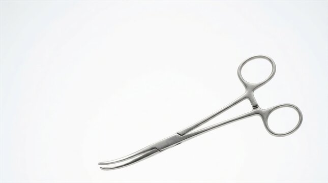 Curved stainless steel hemostatic forceps isolated on white background for surgical and medical instrument design elements