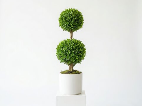 Two neatly trimmed topiary trees in a pot on white background isolated on white background