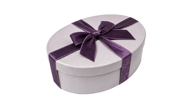Elegant round white gift box wrapped with dark purple ribbon isolated on transparent background