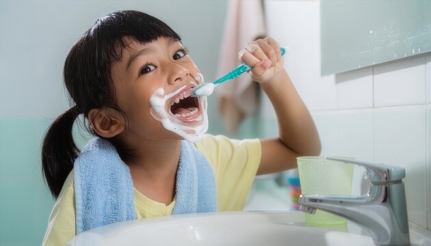 Child brushing teeth with exaggerated playful expression.
