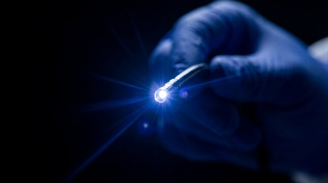 Close up of medical specialist hand in blue glove holding advanced flexible endoscope camera with glowing bright light emitting from lens