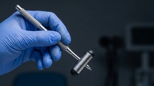 Close up of doctor hand in blue glove holding reflex hammer for neurological examination against dark background