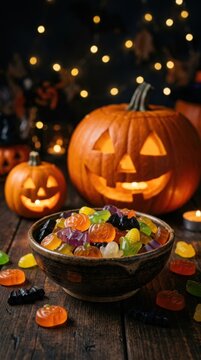 Halloween pumpkin soup in a black bowl with carved, halloween foo