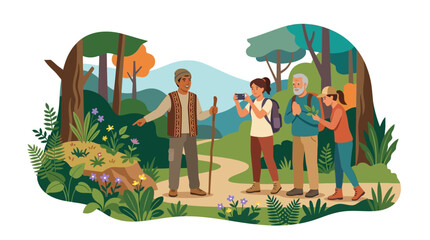 Fototapeta premium Local guide showing diverse tourists forest flora and wildflowers during a nature hiking tour flat vector illustration