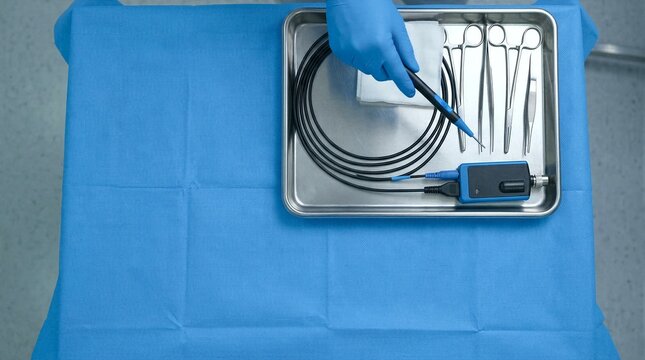 Overhead view of gloved hand holding electrosurgical cautery pencil connected to control unit on sterile surgical tray