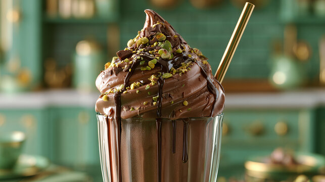 Delicious chocolate milkshake with whipped cream, chocolate syrup, and crushed pistachios in a glass