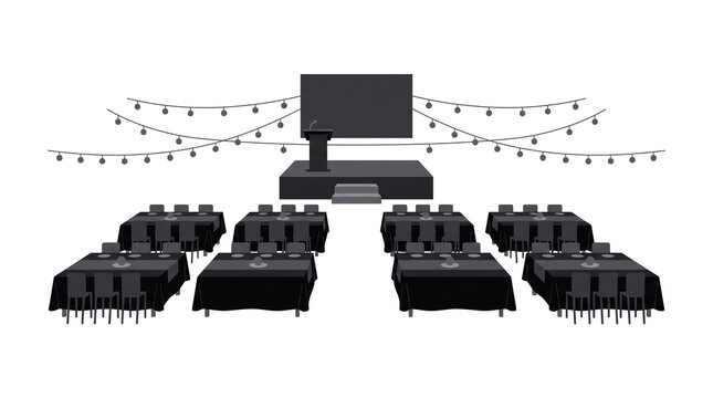 Event Venue Layout with Stage, Tables, and String Lights Illustration