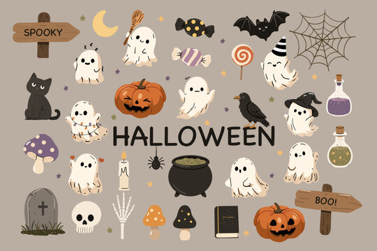 Cute Halloween clipart set with ghosts, pumpkins, and spooky elements