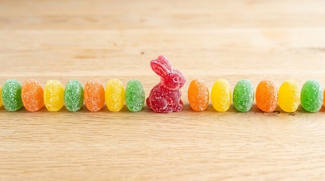 Row of colorful fruit gummy candies with a red jelly rabbit center piece
