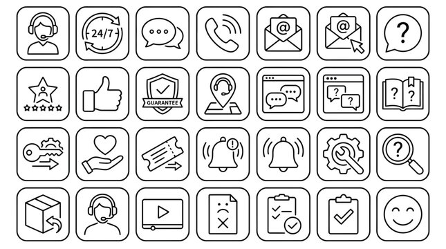 Customer service icons set featuring outline symbols for support agents, chat bubbles, and communication tools.