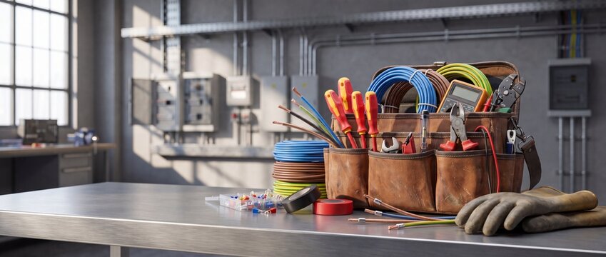 Electrician's tool belt and equipment on workshop table with electrical tools equipment equipment stainless steel construction screwdriver maintenance industry , Labour Day
