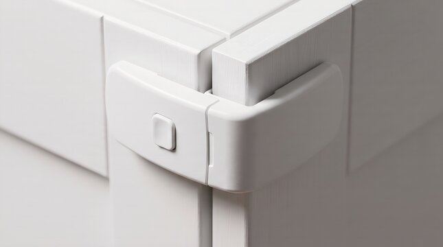 White plastic child safety lock installed on furniture corner for baby proofing protection and home security needs