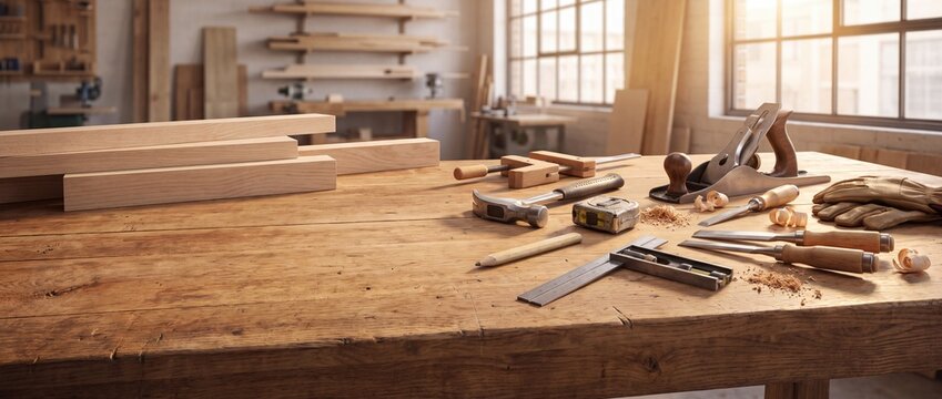 Woodworking tools and materials on a workbench in a well lit workshop with materials large wooden organized woodworking furniture making workshop various wood shavings , Labour Day
