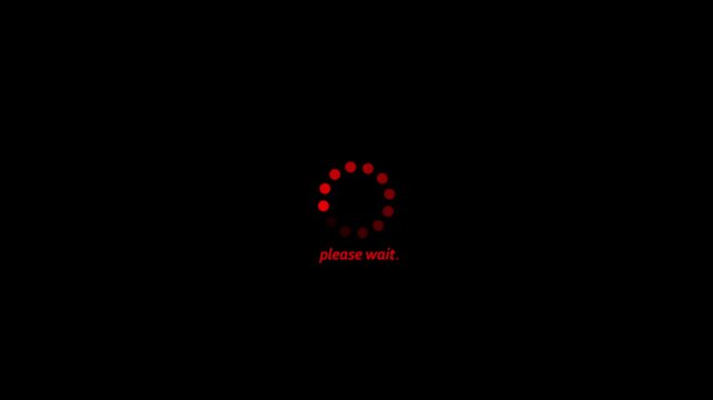 Red loading spinner animation with please wait text on black background, progress buffering