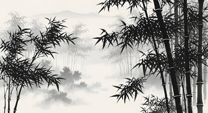 Traditional black ink bamboo forest painting.