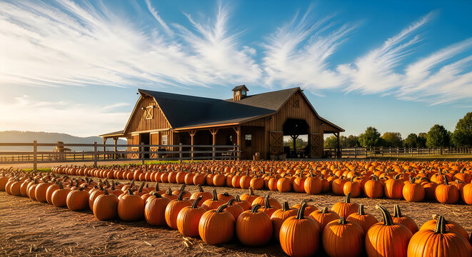 Autumn scene with a rustic barn and a large pumpkin patch at sunset
