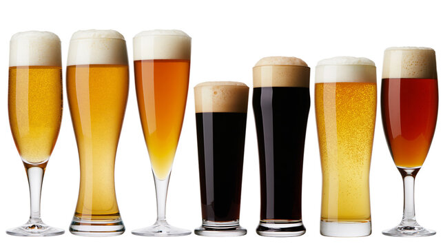 Assortment of Beer Glasses with Different Colors and Foamy Heads