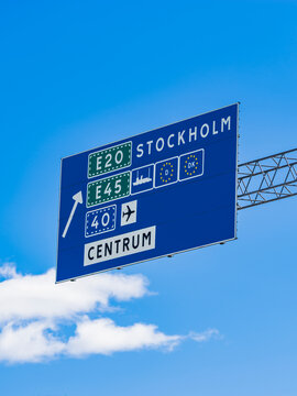 Road sign directing to Stockholm and Centrum in Gothenburg, Sweden