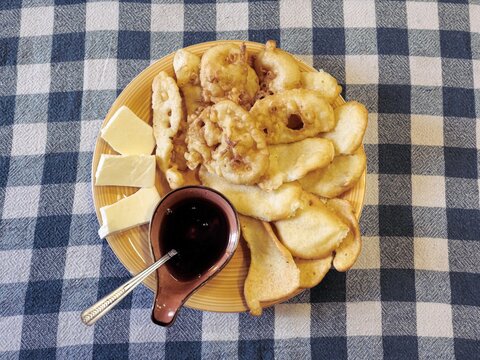 round donuts "Priganice" the traditional montenegrin breakfast with honey and cheese homemade, Korita, Podgorica, Montenegro