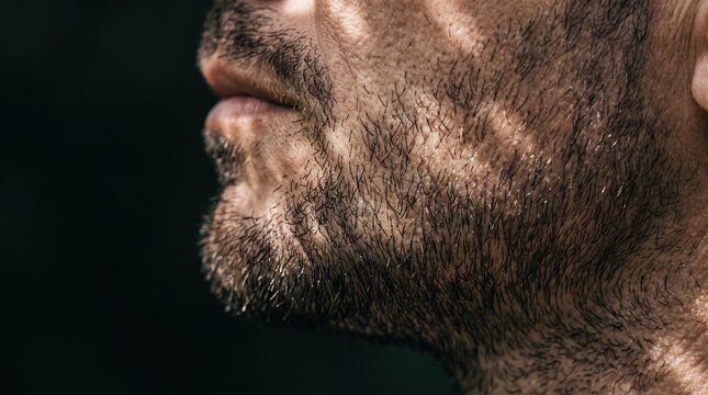 Macro profile close up view of man jawline showing dark coarse beard stubble and skin texture
