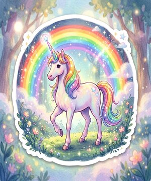 Unicorn in a Forest with Rainbow