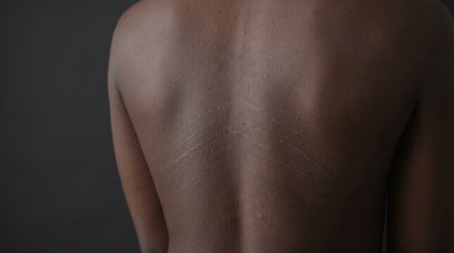 Rear view of dark skin female back showing white silver stretch marks striae distensae