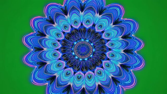 Intricate blue mandala pattern blooming in cinematic motion against a vibrant green background