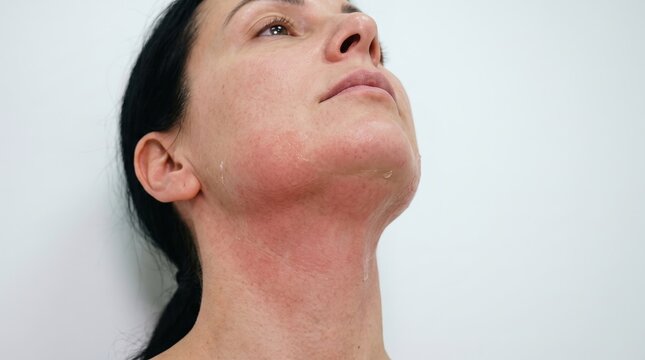 Low angle close up view of woman face displaying red inflamed skin and peeling after chemical peel