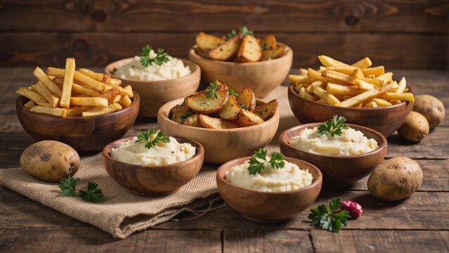 Potato dish illustration set, mashed potatoes fries roasted wedges rustic wooden table festive vector artwork