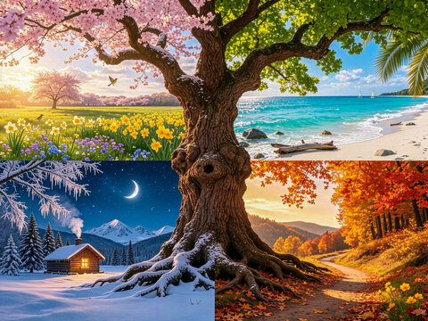 A magical large tree spanning across four seasons in a single image. Beautiful collage featuring spring blossoms, summer beach, autumn leaves, and a snowy winter night with a cozy cabin.