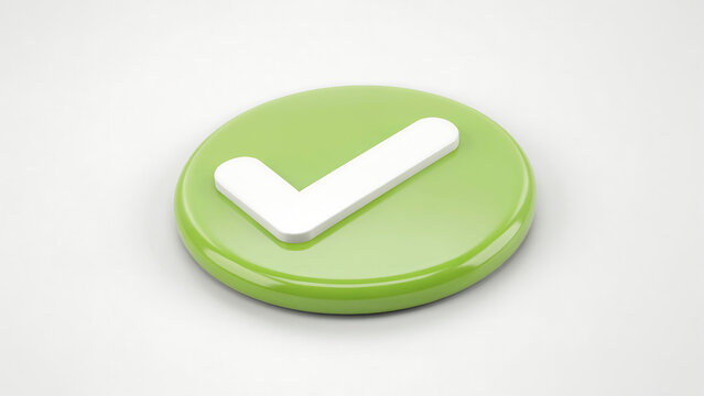 Green circular check mark button as a 3D web icon with verified, validation