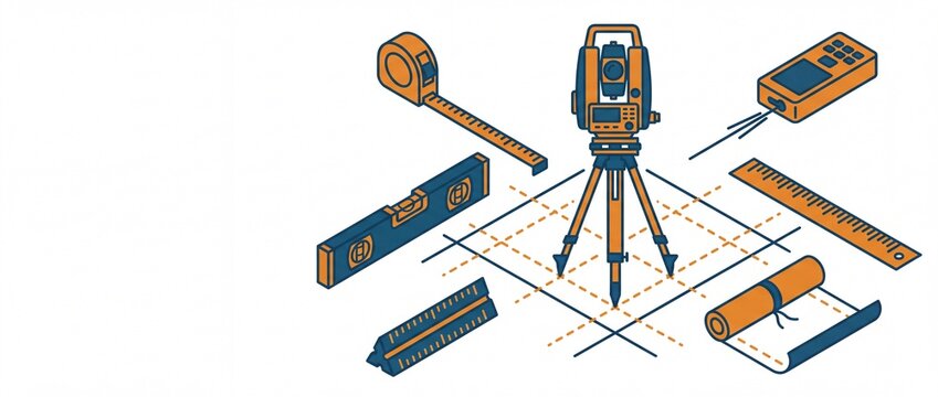 Surveying tools with arranged grid dotted lines equipment including tripod depicts various surveying measure ruler arranged level tape measure construction with architecture , Labour Day