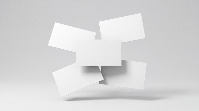 Mockup of floating blank white business cards on a clean light grey studio background