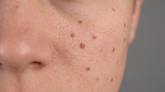 Multiple Intradermal Moles Pigmented Nevi Papules on Female Cheek Skin