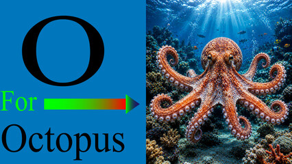 Educational poster showing capital letter o with octopus illustration underwater sea. © MD