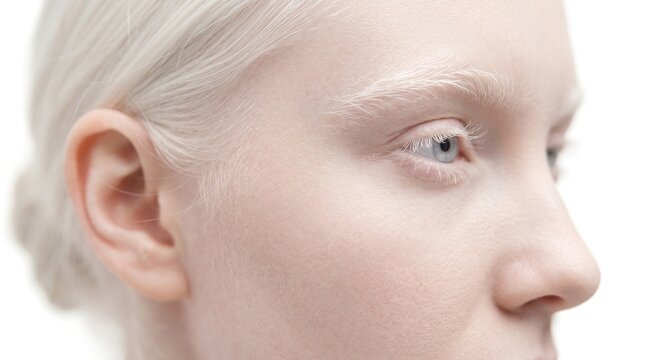 Close up profile of albino woman with pale skin white eyelashes and blond hair