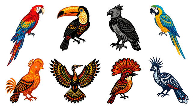 Colorful birds and butterflies illustration set vector art