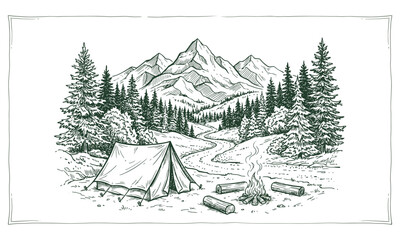 Obraz premium Vintage Camping Adventure Mountain Landscape Vector Design