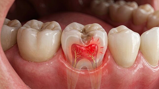 A close-up of a tooth with a red spot and surrounding tissue, highlighting the root canal and surrounding structures.